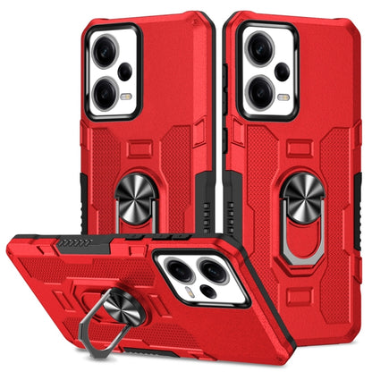 Rugged red hybrid phone case with ring kickstand and raised camera cover