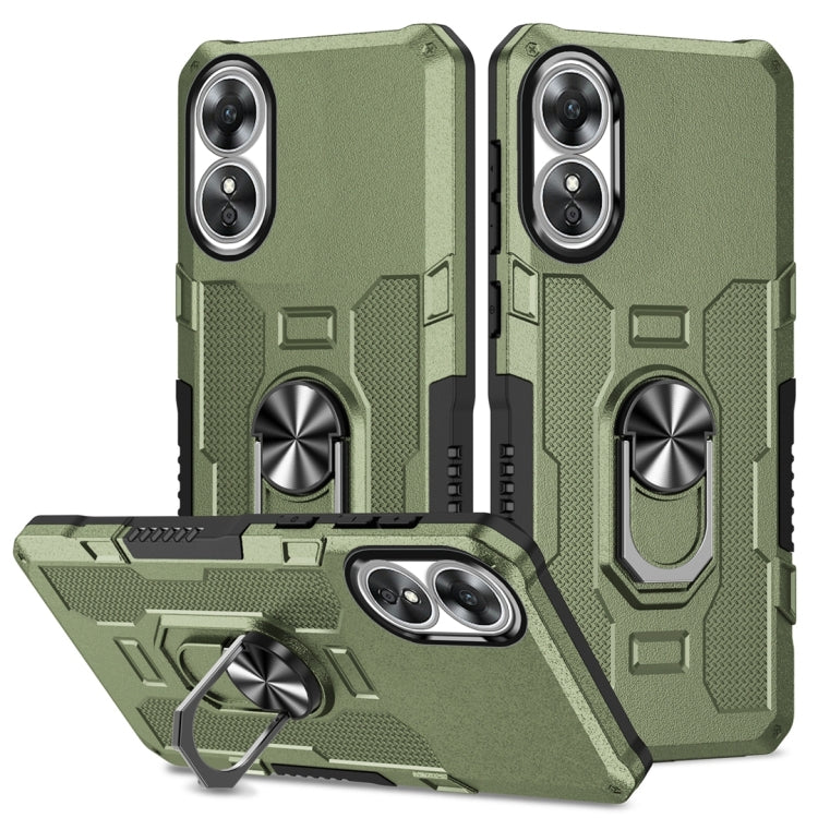 Green rugged hybrid phone case with ring holder and dual camera cutouts
