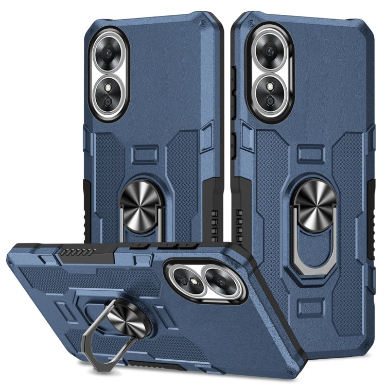 Blue rugged hybrid phone case with ring holder and dual camera cutouts