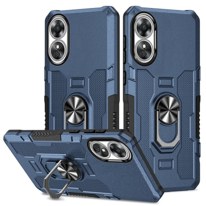 Blue rugged hybrid phone case with ring holder and dual camera cutouts