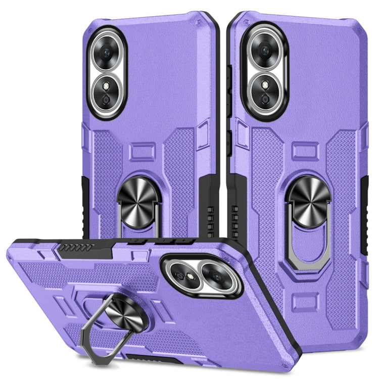 Purple hybrid phone case for OPPO A17 with dual camera cutouts and rotating ring stand
