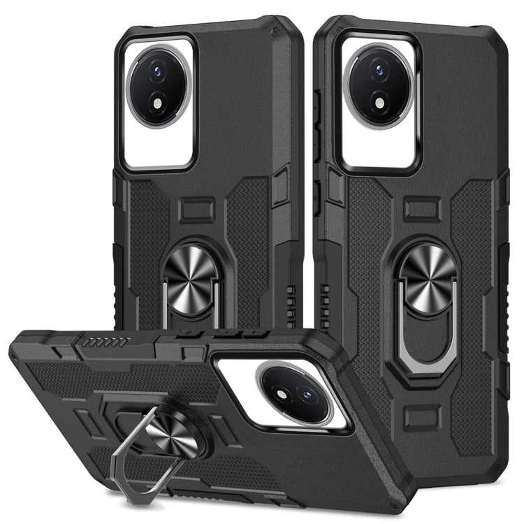 Black hybrid armor phone case with ring holder and kickstand for phone camera cutouts.