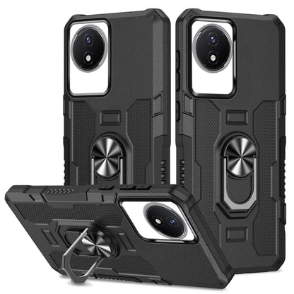 Black hybrid armor phone case with ring holder and kickstand for phone camera cutouts.