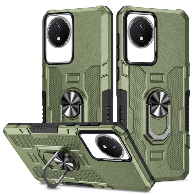 Green hybrid armor phone case with ring holder and kickstand for phone camera cutouts.