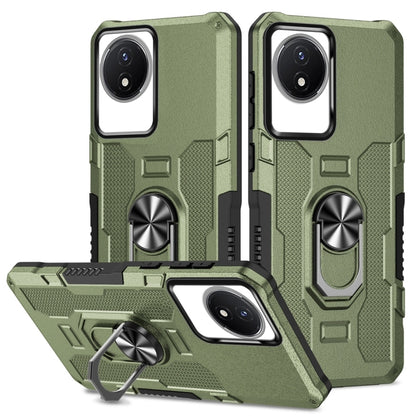 Green hybrid armor phone case with ring holder and kickstand for phone camera cutouts.