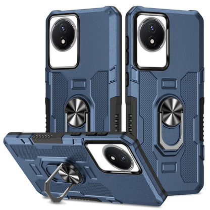 Blue hybrid armor phone case with ring holder and kickstand for phone camera cutouts.
