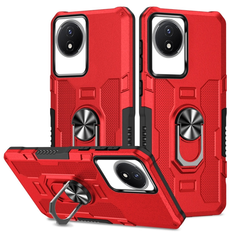 Red hybrid armor phone case with ring holder and kickstand for phone camera cutouts.