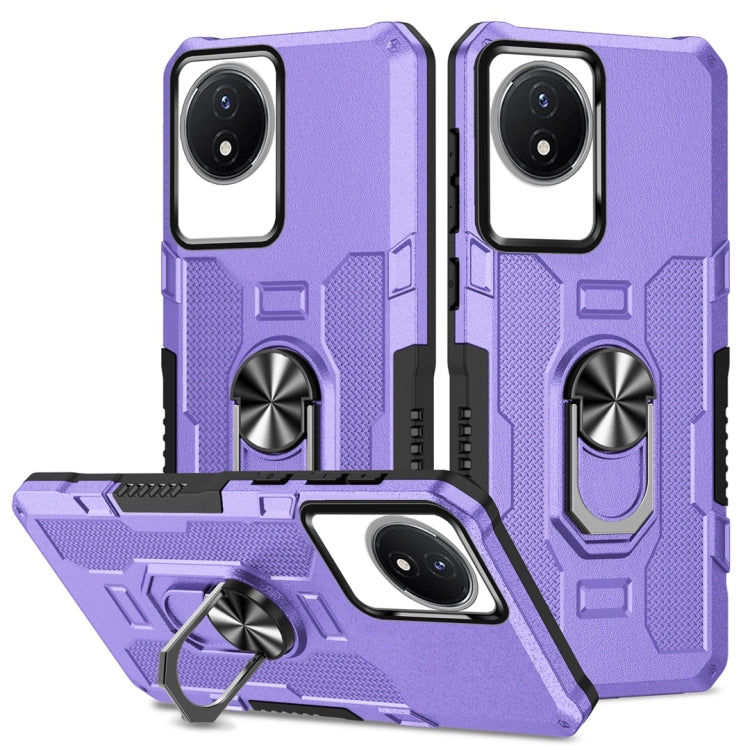 Purple hybrid armor phone case with ring holder and kickstand, front and back view.