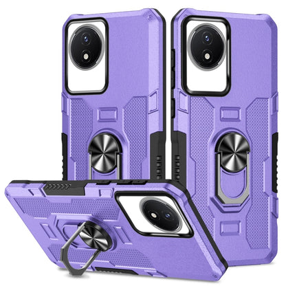 Purple hybrid armor phone case with ring holder and kickstand, front and back view.