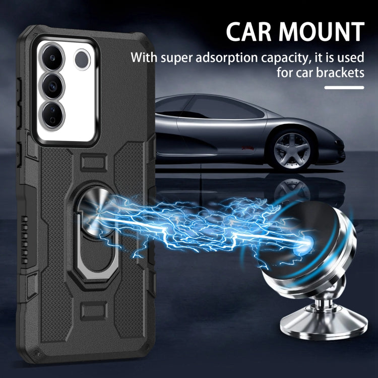 Rugged armor hybrid phone case with ring holder, dark black, car mount style