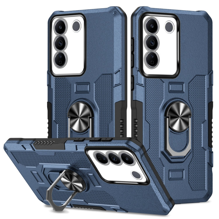Rugged armor hybrid phone case with ring holder, blue, rugged textured grip