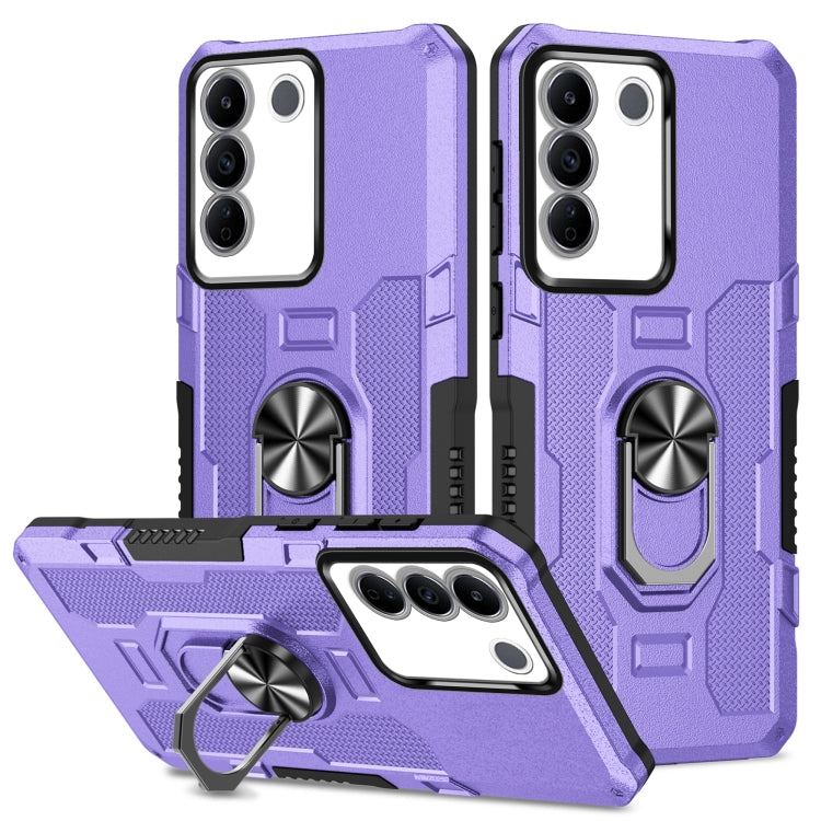 Purple hybrid armor phone case with ring holder and kickstand for phone camera cutouts.