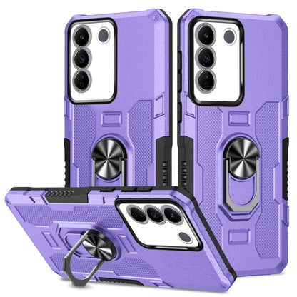Purple hybrid armor phone case with ring holder and kickstand for phone camera cutouts.