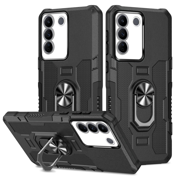 Black hybrid armor phone case with ring holder and kickstand, front and back view.