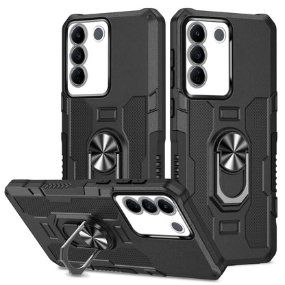 Black hybrid armor phone case with ring holder and kickstand, front and back view.