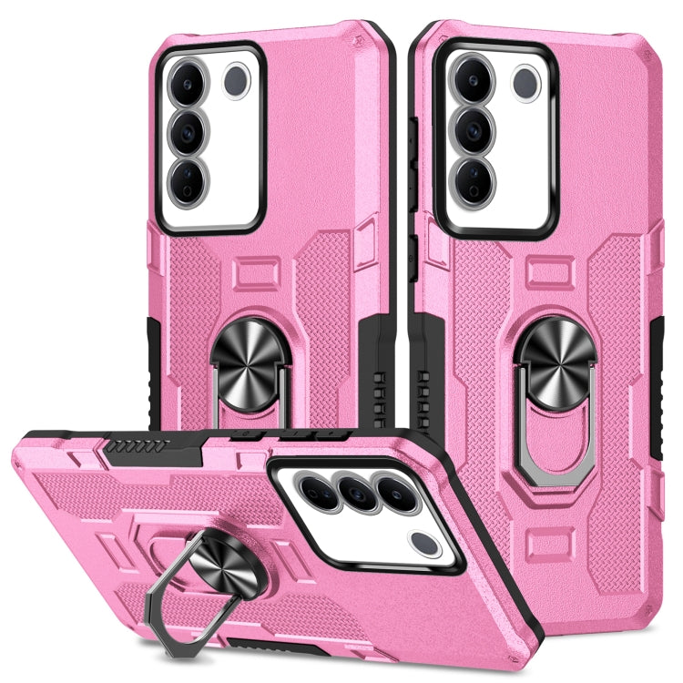Pink hybrid armor phone case with ring holder and kickstand, front and back view.
