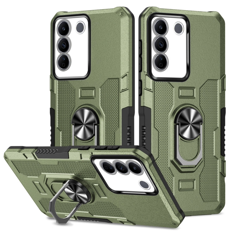 Green hybrid armor phone case with ring holder and kickstand, front and back view.