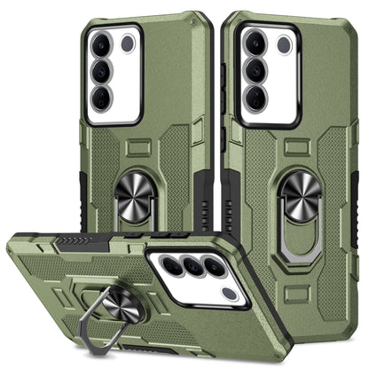 Green hybrid armor phone case with ring holder and kickstand, front and back view.