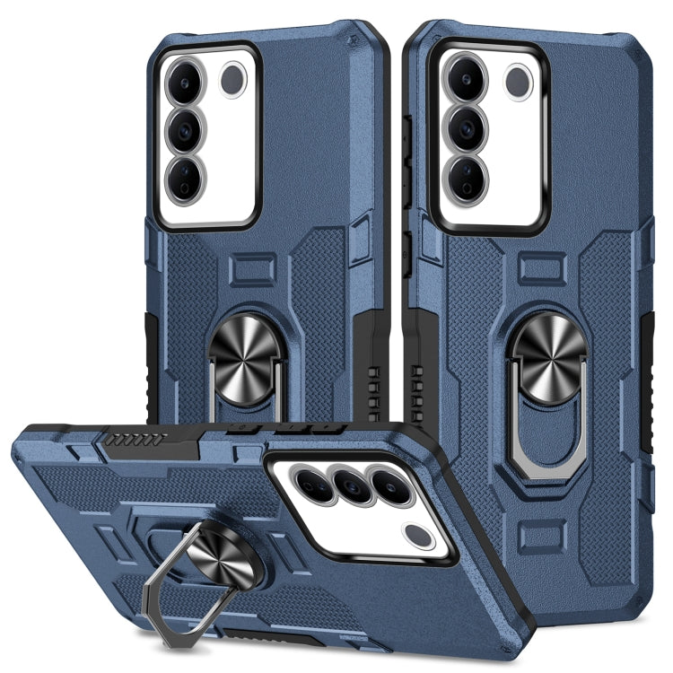 Blue armor hybrid phone case with ring holder, textured grip and triple camera cutout