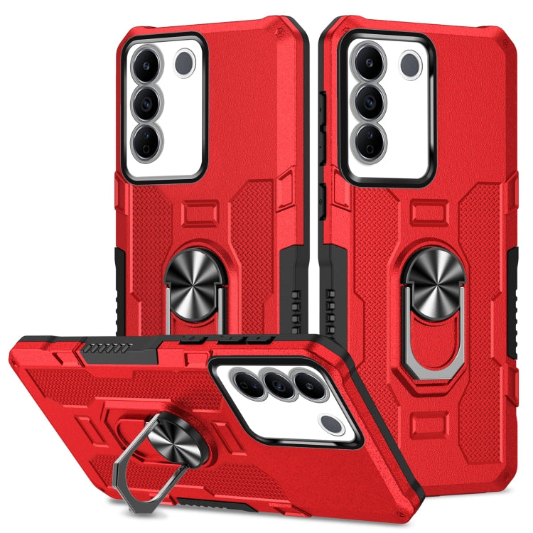 Red armor hybrid phone case with ring holder, textured grip and triple camera cutout