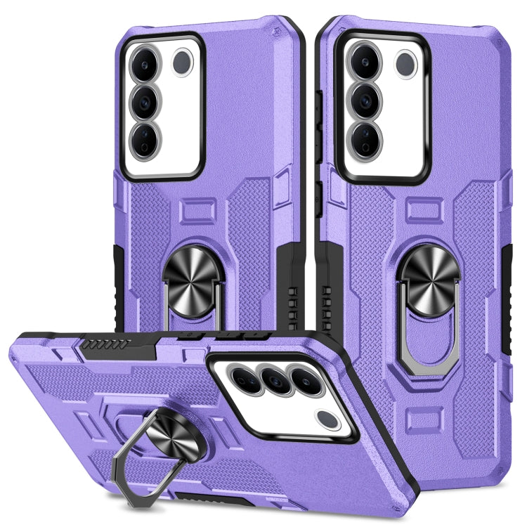 Purple armor hybrid phone case with ring holder, textured grip and triple camera cutout