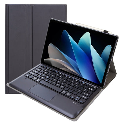 Black tablet case with slim keyboard and touchpad, tablet screen showing blue graphics.