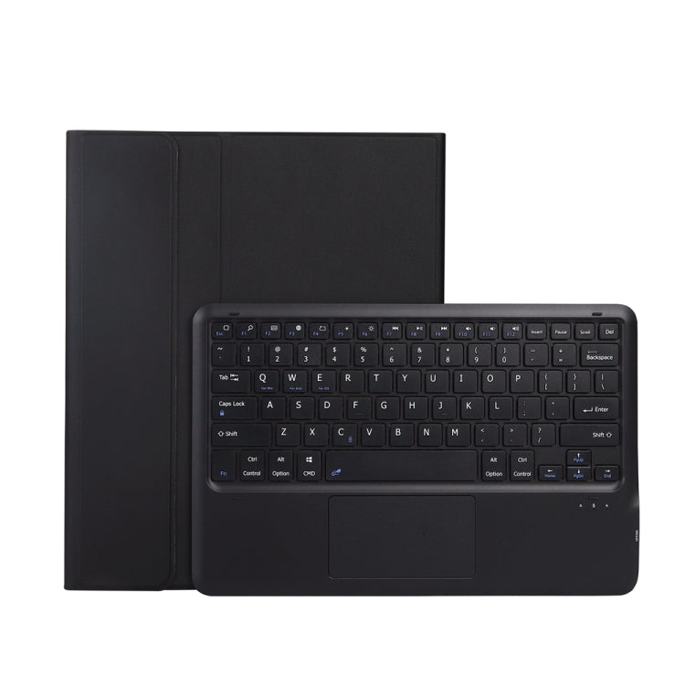 Black folio tablet case open flat, built-in QWERTY keyboard with touchpad.