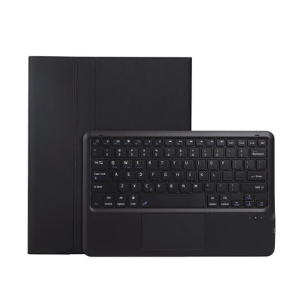 Black folio tablet case open flat, built-in QWERTY keyboard with touchpad.