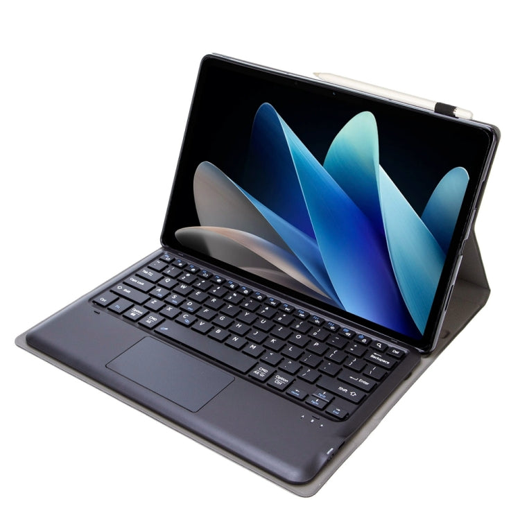 Black tablet case with split keyboard and touchpad, tablet propped at an angle.