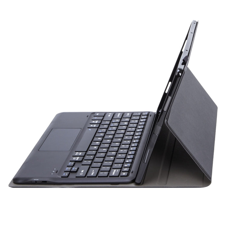 Black tablet case side view showing keyboard keys and folio cover folded back.