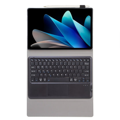 Black tablet case with keyboard and touchpad, tablet screen visible.