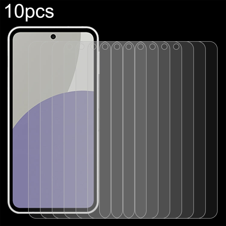 Clear 2.5D tempered glass screen protectors, 10-pack, stacked over phone display mockup