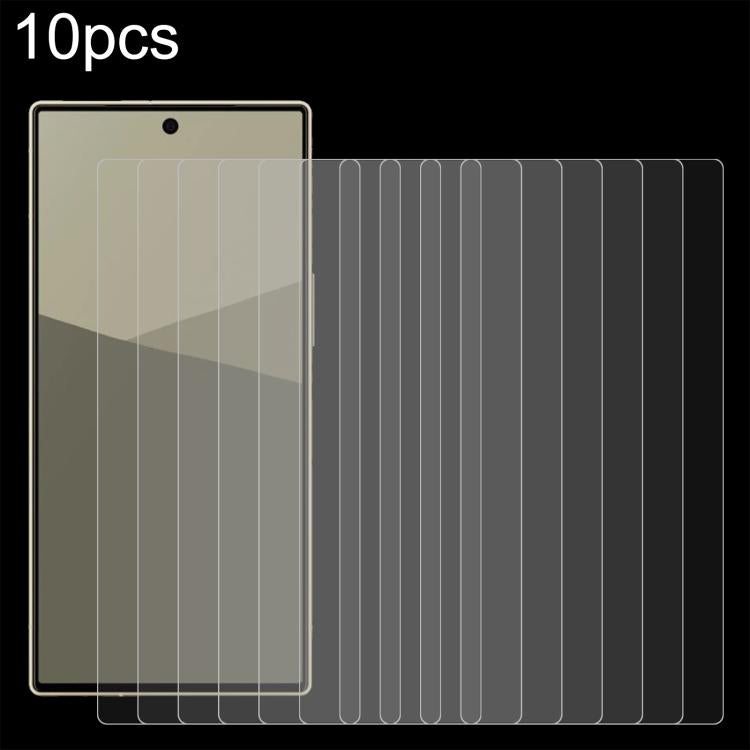 10-pack tempered glass screen protectors shown in clear, rectangular curved-edge panels