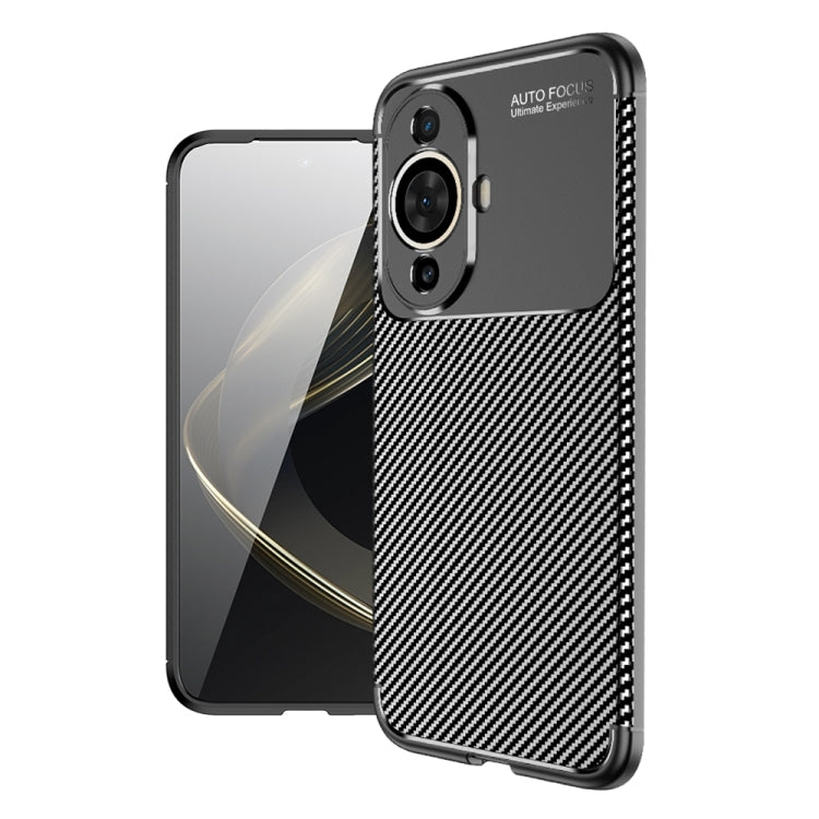 Carbon-fiber texture shockproof TPU phone case, black, with dual camera cutouts