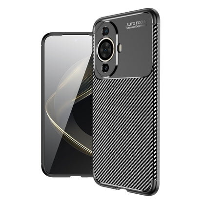 Carbon-fiber texture shockproof TPU phone case, black, with dual camera cutouts