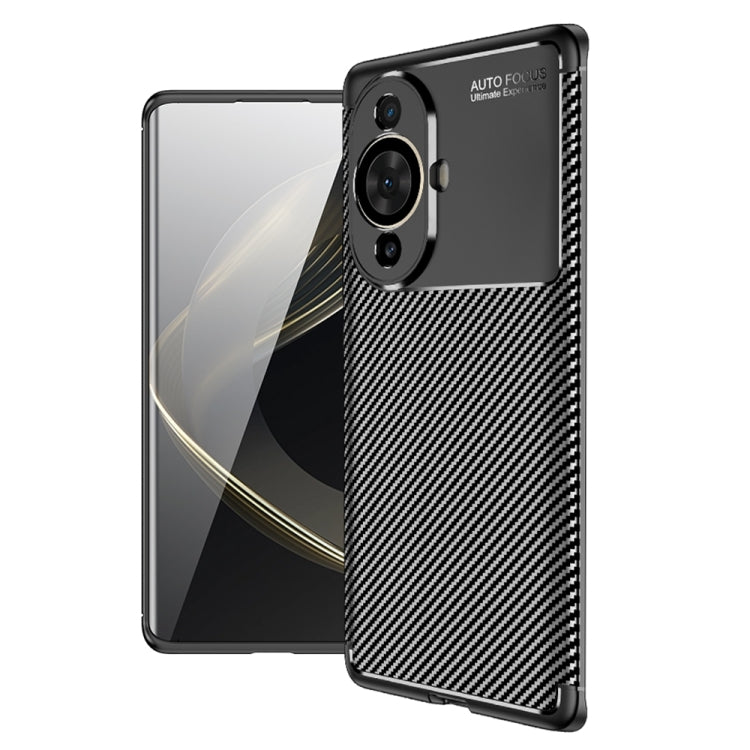 Carbon-fiber texture TPU phone case, black, fitted with dual camera opening