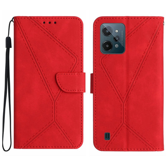 Red embossed leather phone case with stitched pattern and flip wallet cover, wrist strap
