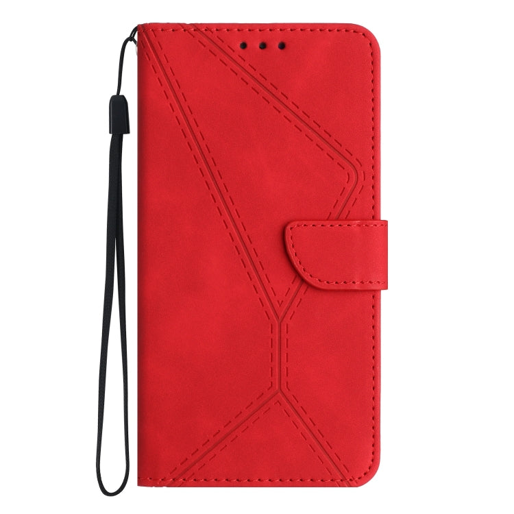Red embossed leather flip wallet phone case with stitched geometric pattern and wrist strap