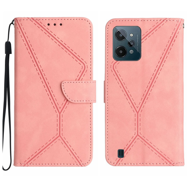 Light pink embossed leather phone case with wrist strap and stitched geometric pattern, front and back