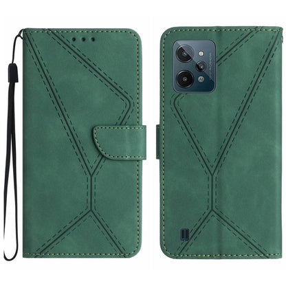 Green embossed leather phone case with stitched pattern, wrist strap and card slot