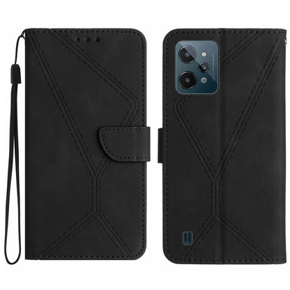 Black embossed leather phone case with stitched pattern, wrist strap and camera openings
