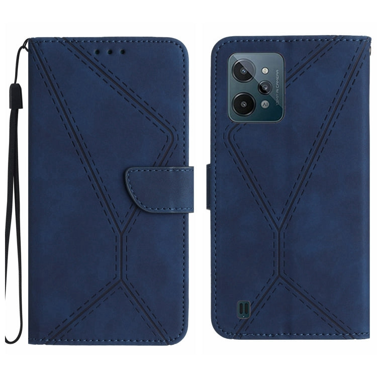Blue embossed leather phone case with stitched geometric design, flip cover and wrist strap
