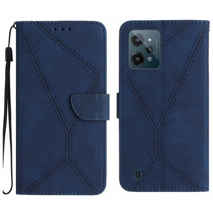 Blue embossed leather phone case with stitched geometric design, flip cover and wrist strap
