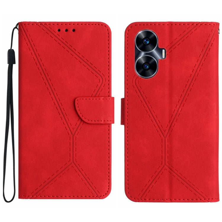 Red embossed leather flip phone case with stitched pattern and camera cutout