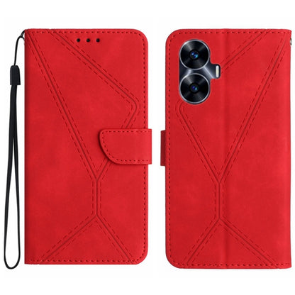 Red embossed leather flip phone case with stitched pattern and camera cutout