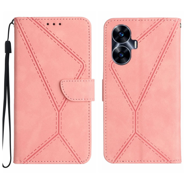 Light pink embossed leather phone case with wrist strap, stitched geometric pattern, camera cutout