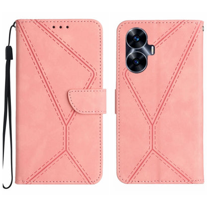 Light pink embossed leather phone case with wrist strap, stitched geometric pattern, camera cutout