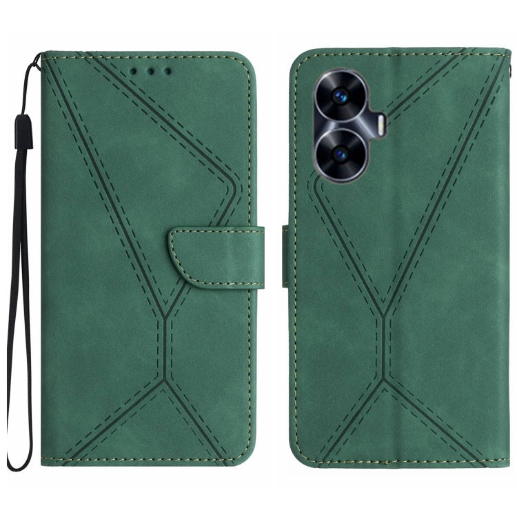 Green embossed leather phone case with stitched pattern, wrist strap and camera openings