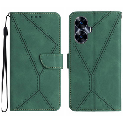 Green embossed leather phone case with stitched pattern, wrist strap and camera openings