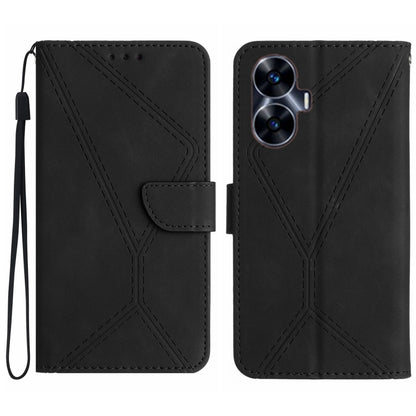 Black embossed leather wallet-style phone case with stitched pattern, wrist strap and rear camera openings